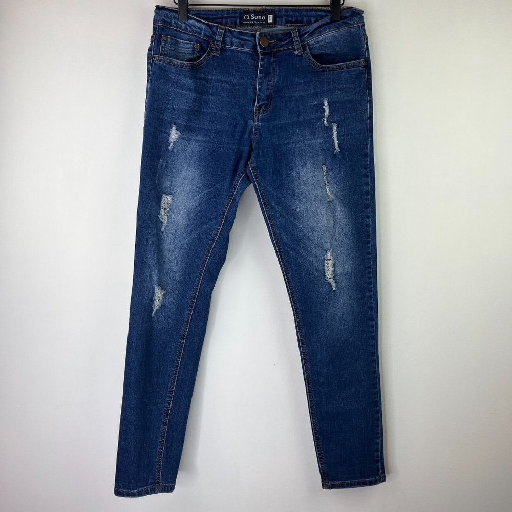 Ci Sono Women Sz 11 Blue Jeans Denim Skinny Low Rise Distressed Medium Wash